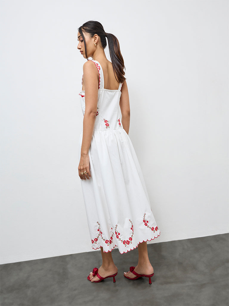 Buy LOV White Floral Embroidered Cotton A-Line Dress from Westside