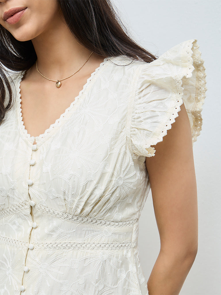 LOV Off-White Floral Embroidered A-Line Dress