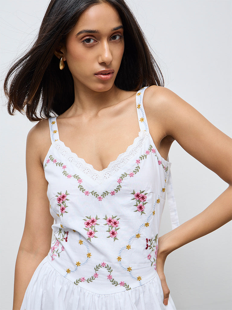 LOV White Floral Embroidered Cotton A-Line Dress