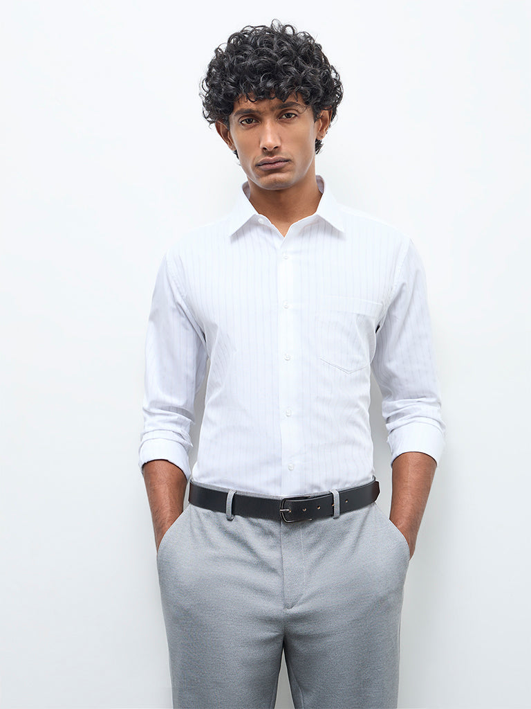 WES Formals White Striped Slim-Fit Cotton Shirt