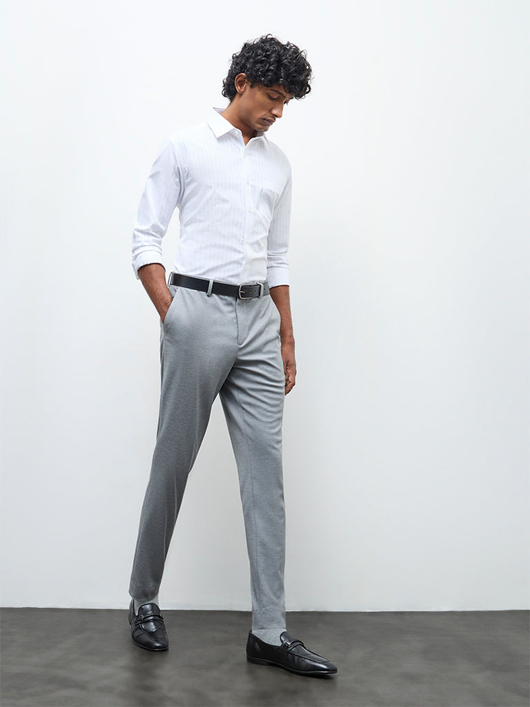 WES Formals White Striped Slim-Fit Cotton Shirt