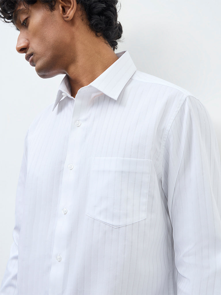 WES Formals White Striped Slim-Fit Cotton Shirt