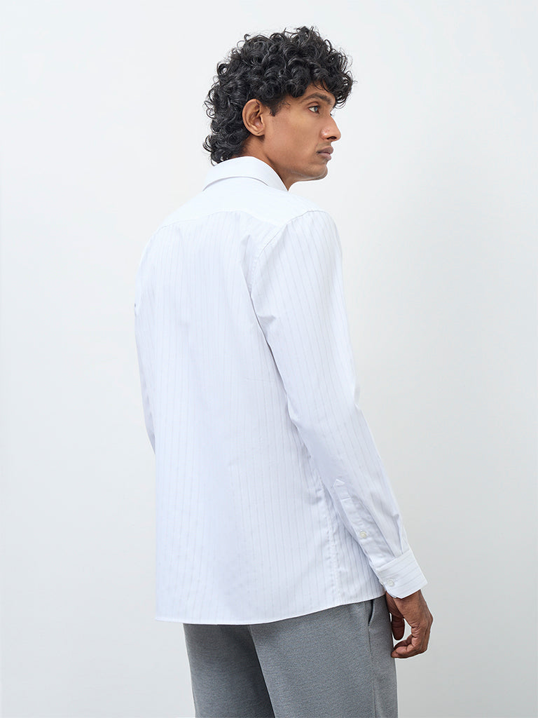 WES Formals White Striped Slim-Fit Cotton Shirt