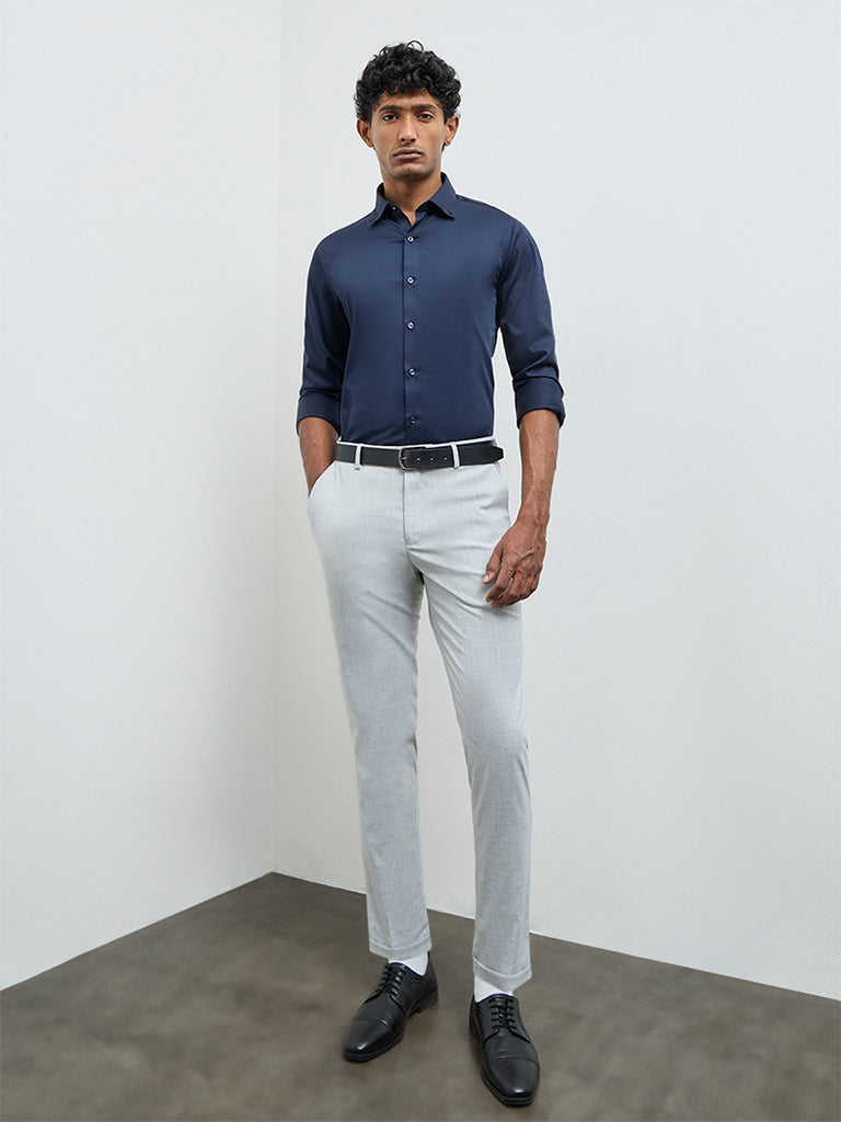 WES Formals Light Grey Slim-Fit Mid-Rise Trousers