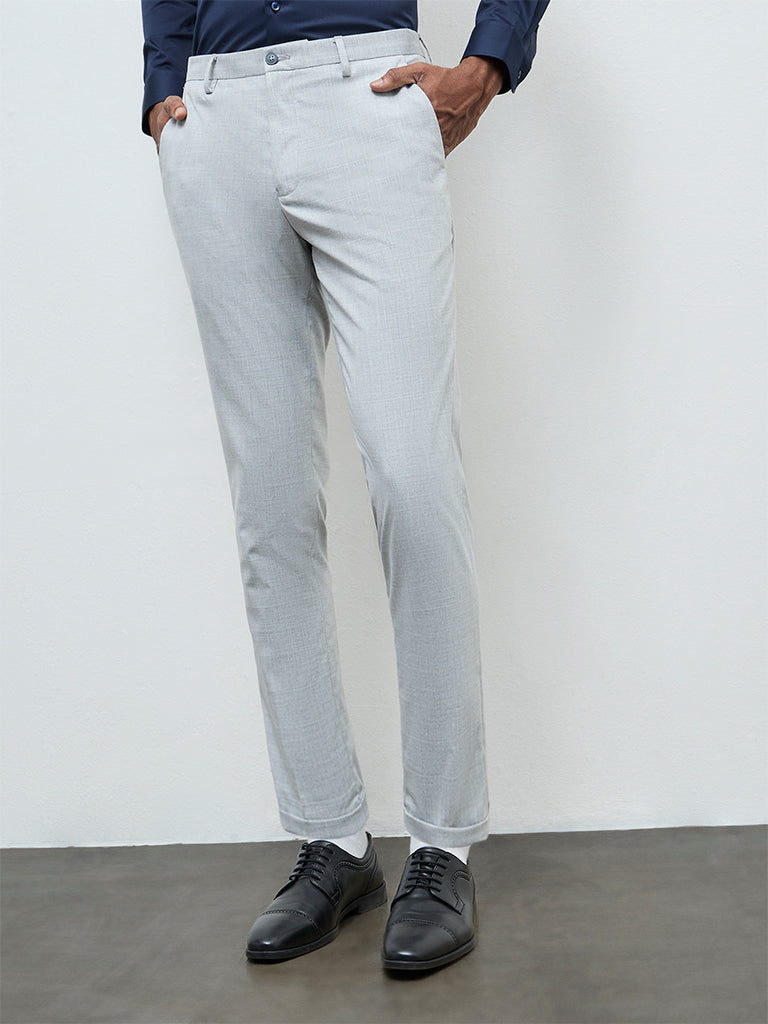WES Formals Light Grey Slim-Fit Mid-Rise Trousers