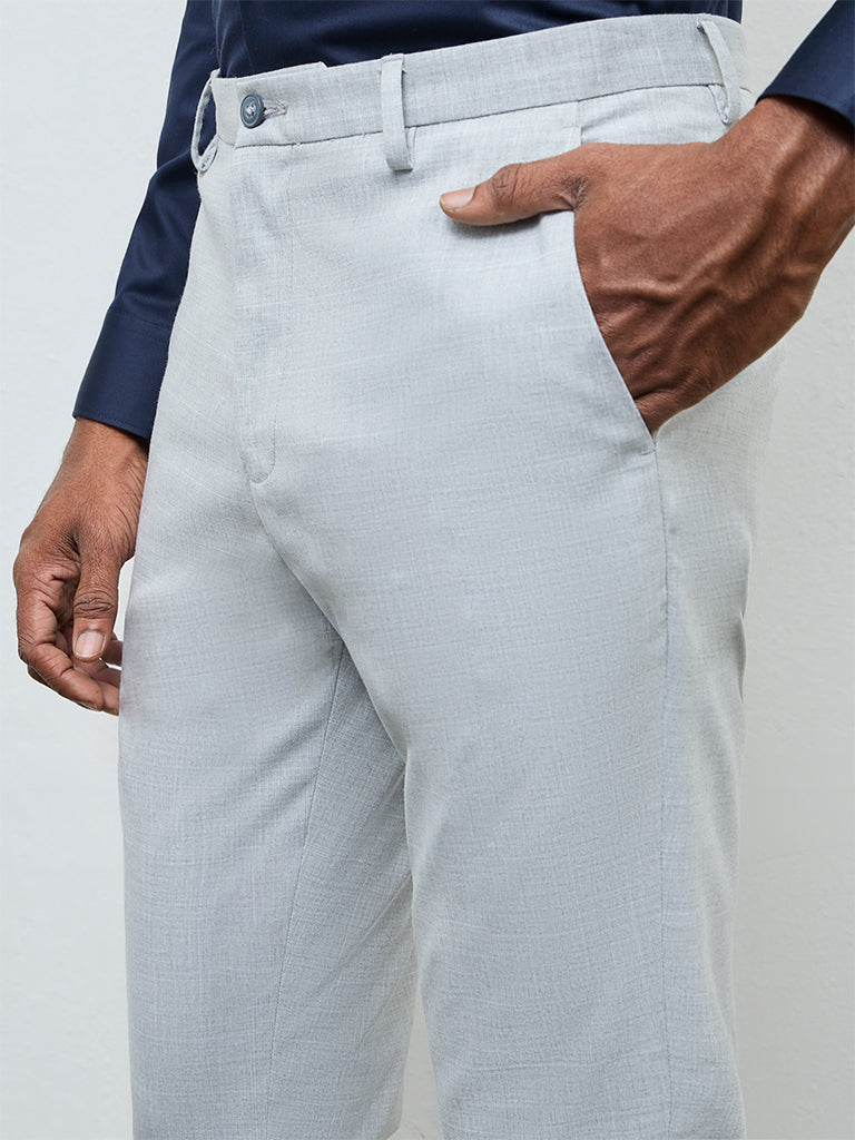 WES Formals Light Grey Slim-Fit Mid-Rise Trousers
