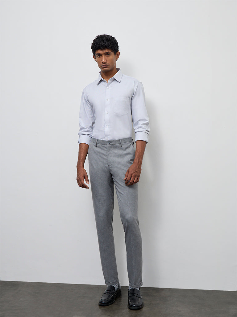 WES Formals Grey Slim-Fit Mid-Rise Trousers