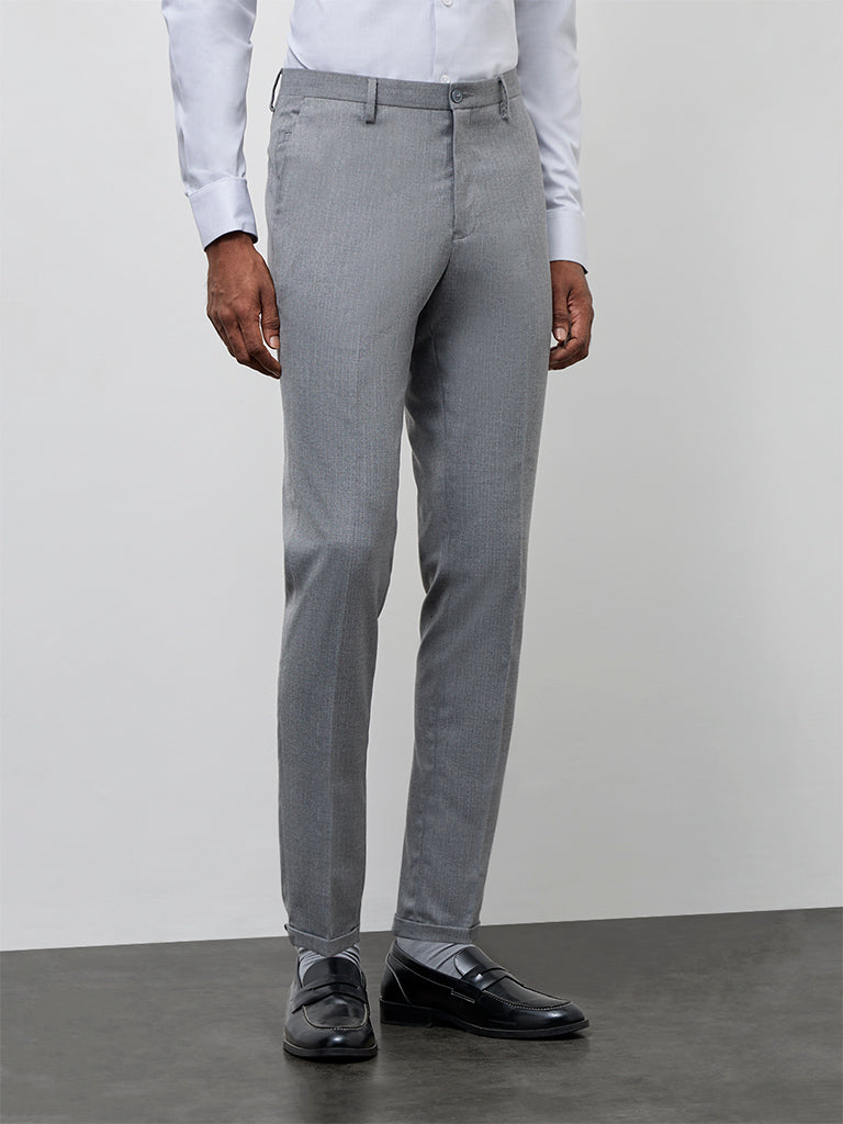 WES Formals Grey Slim-Fit Mid-Rise Trousers