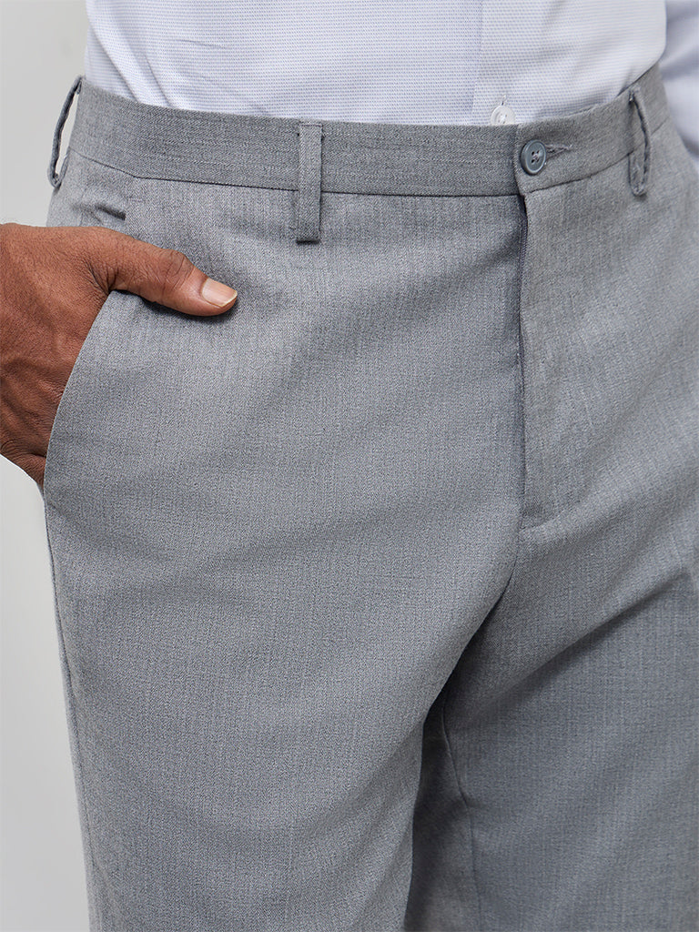 WES Formals Grey Slim-Fit Mid-Rise Trousers