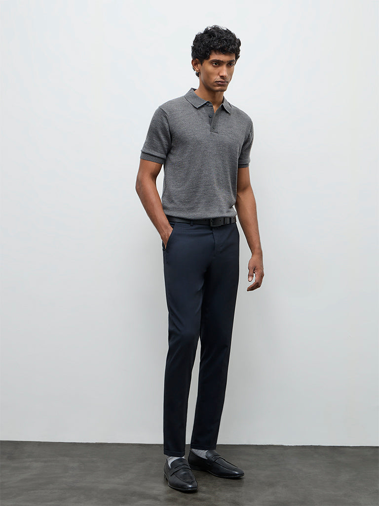 WES Formals Navy Solid Slim-Fit Mid-Rise Trousers