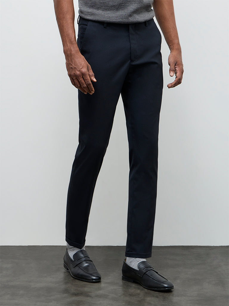 WES Formals Navy Solid Slim-Fit Mid-Rise Trousers