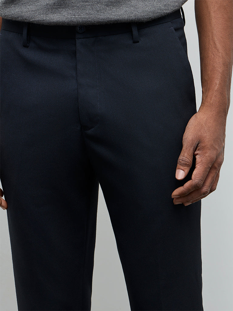 WES Formals Navy Solid Slim-Fit Mid-Rise Trousers