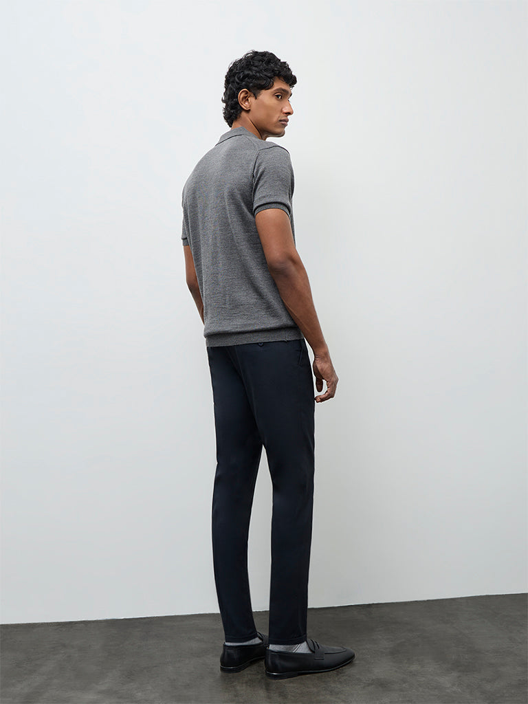 WES Formals Navy Solid Slim-Fit Mid-Rise Trousers