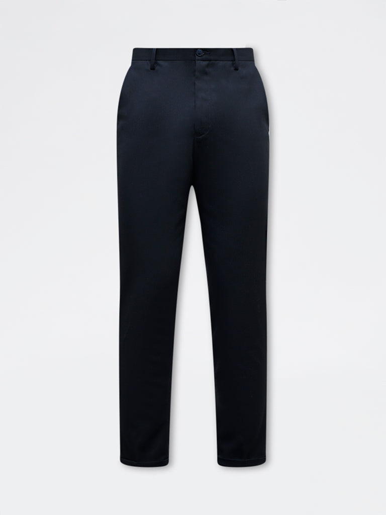 WES Formals Navy Solid Slim-Fit Mid-Rise Trousers