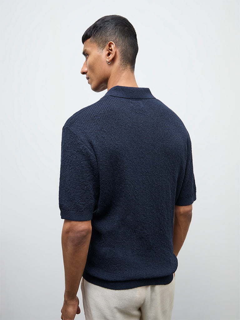ETA Navy Textured Relaxed-Fit Polo T-Shirt