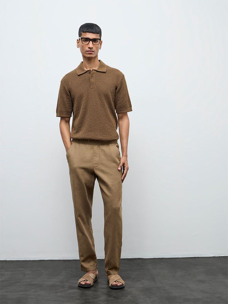 ETA Brown Textured Relaxed-Fit Polo T-Shirt