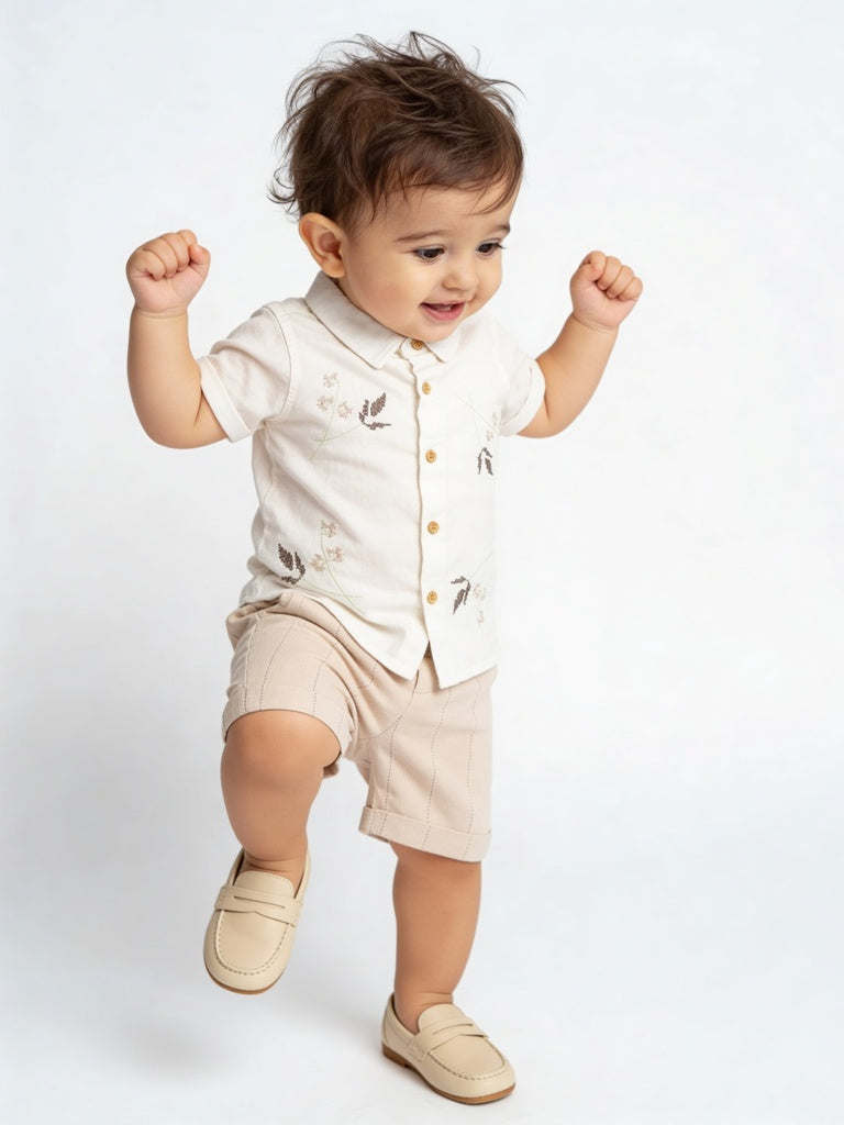 HOP Baby Boys Off-White Cotton Shirt and Shorts Set