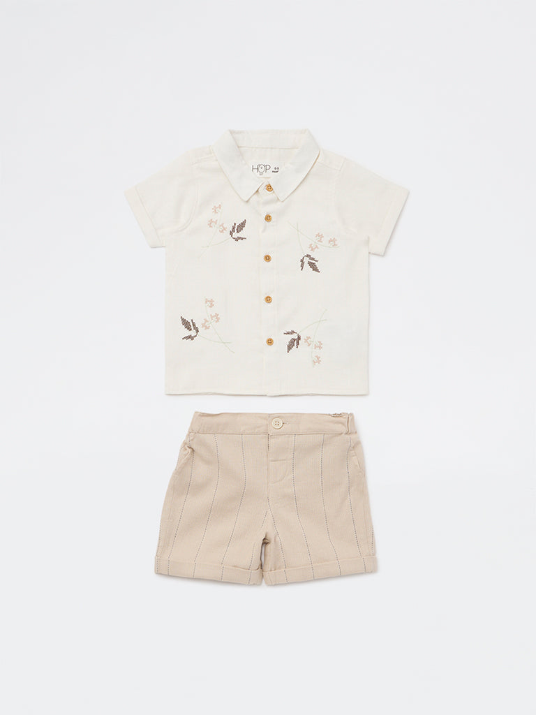 HOP Baby Boys Off-White Cotton Shirt and Shorts Set