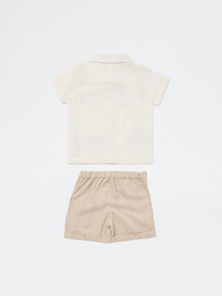 HOP Baby Boys Off-White Cotton Shirt and Shorts Set
