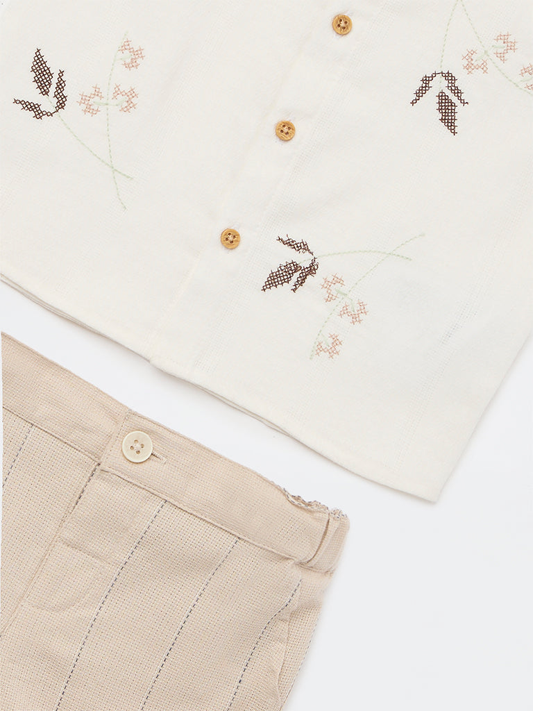 HOP Baby Boys Off-White Cotton Shirt and Shorts Set