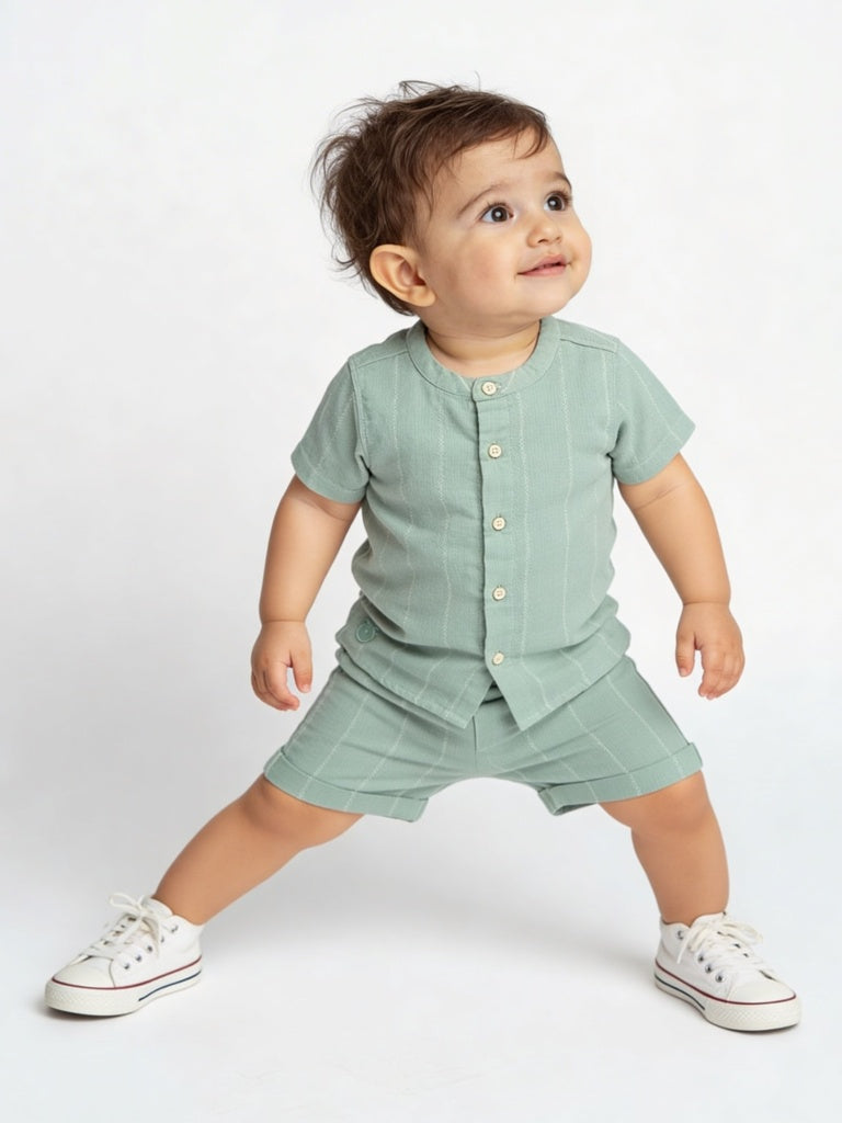 HOP Baby Boys Sage Striped Cotton Shirt and Shorts Set