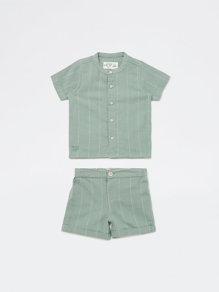 HOP Baby Boys Sage Striped Cotton Shirt and Shorts Set