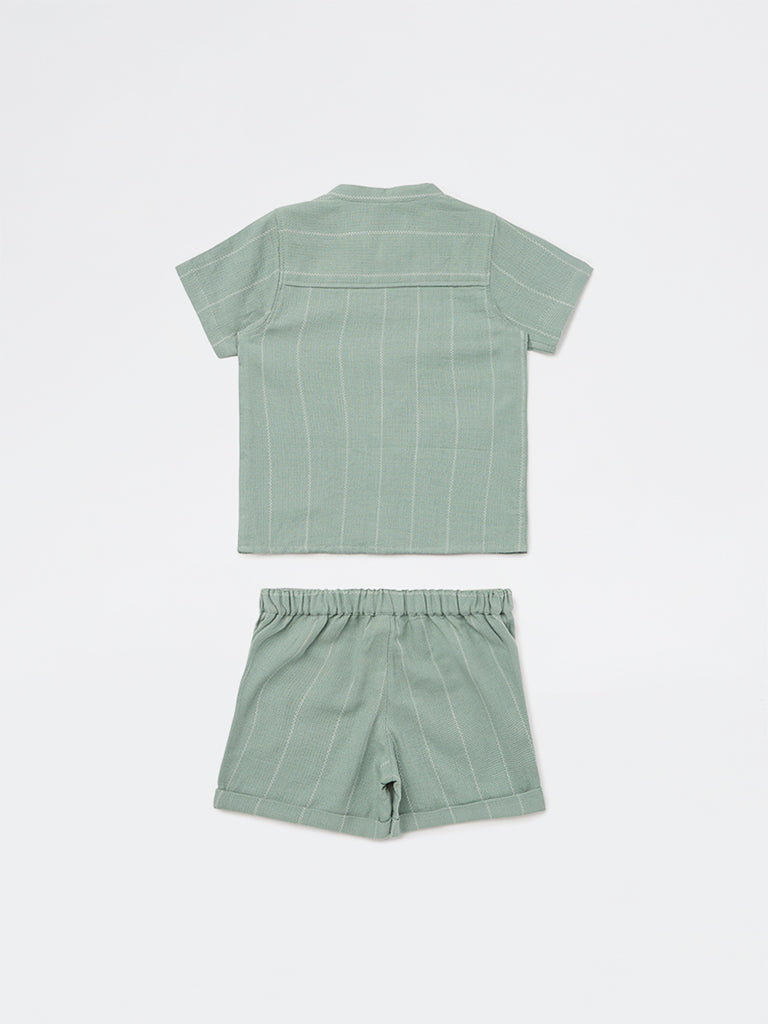 HOP Baby Boys Sage Striped Cotton Shirt and Shorts Set