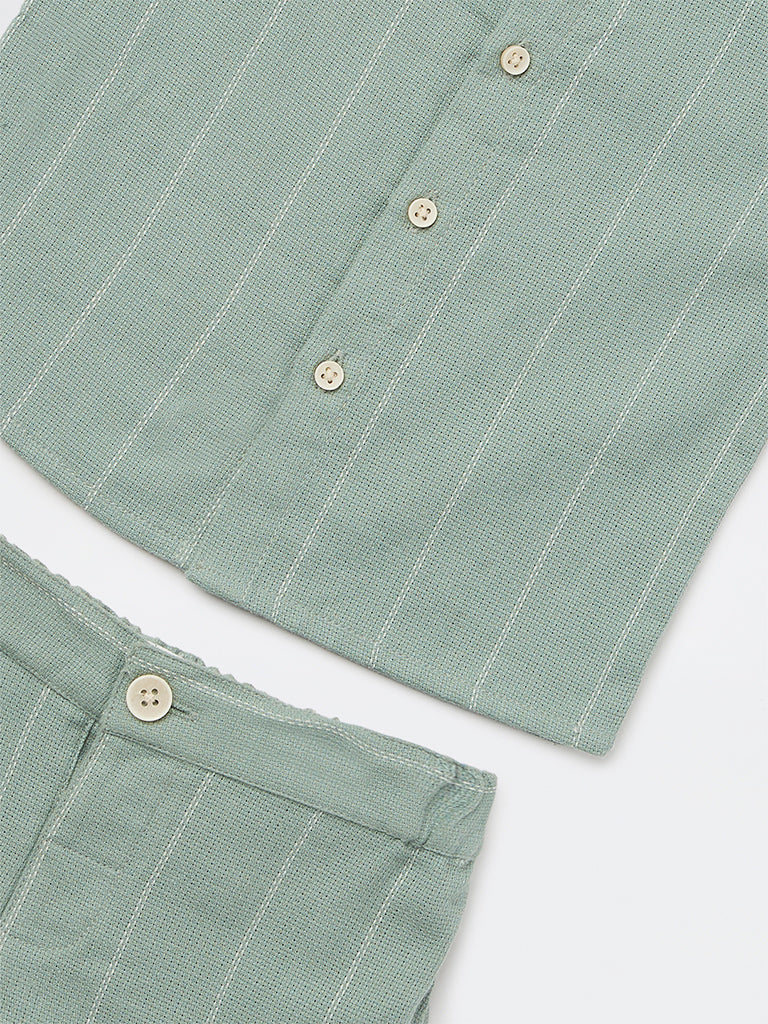 HOP Baby Boys Sage Striped Cotton Shirt and Shorts Set