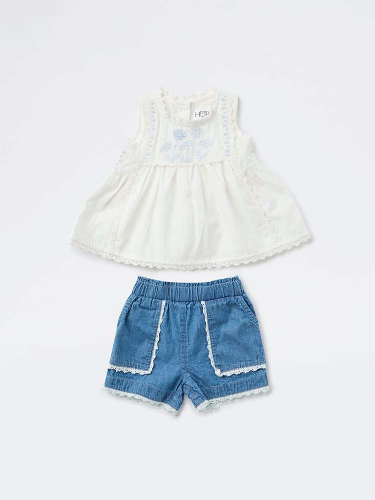 HOP Baby Girls White Floral Embroidered Cotton Top and Shorts Set