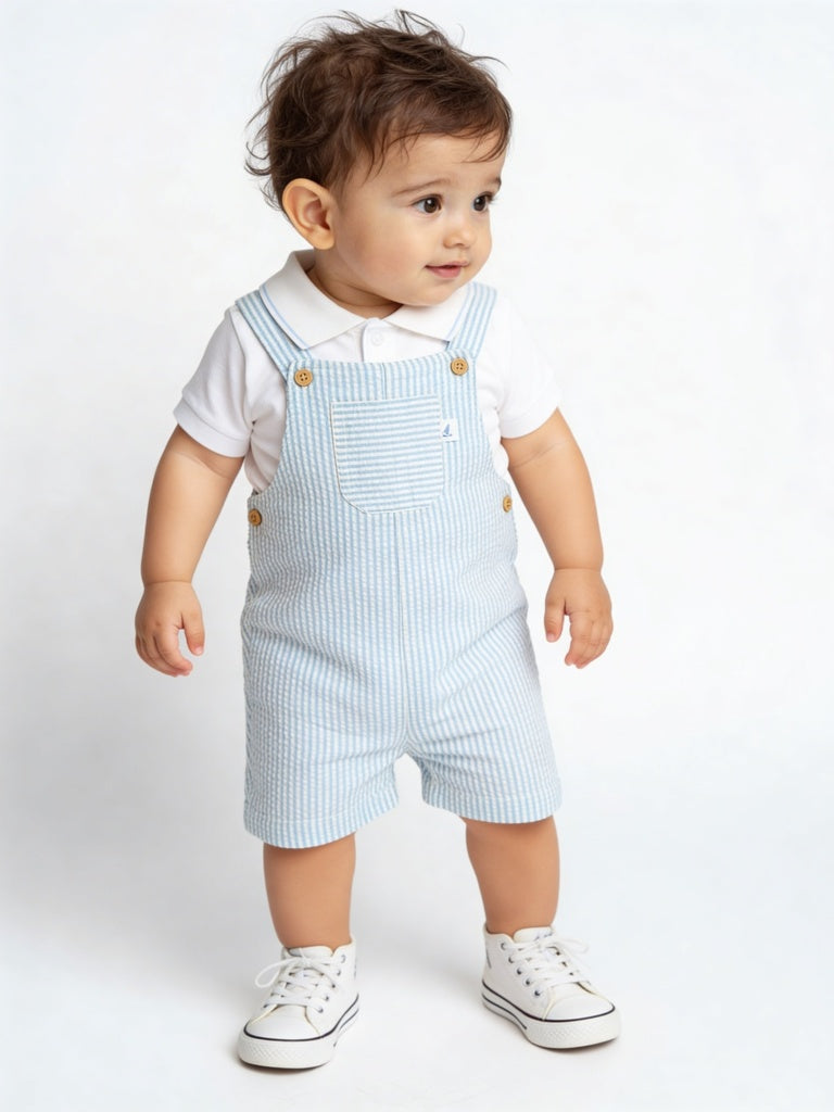 HOP Baby Boys Blue Striped Cotton Dungaree and T-Shirt Set