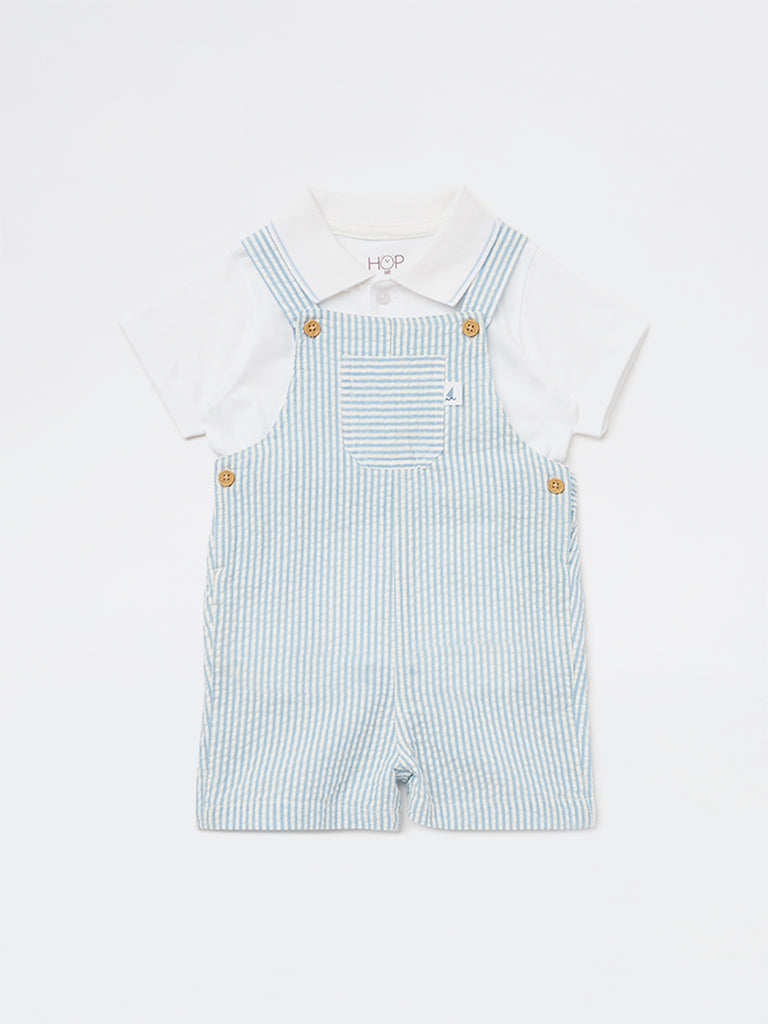HOP Baby Boys Blue Striped Cotton Dungaree and T-Shirt Set