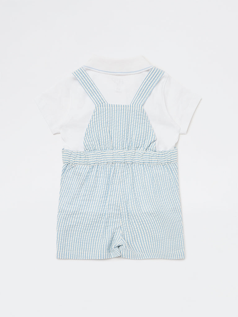 HOP Baby Boys Blue Striped Cotton Dungaree and T-Shirt Set
