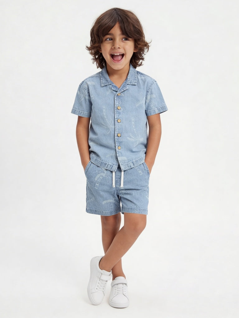 HOP Kids Boys Light Blue Printed Denim Shirt and Shorts Set