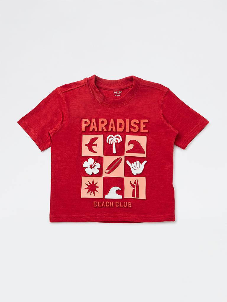 HOP Kids Boys Red Text-Printed Cotton T-Shirt