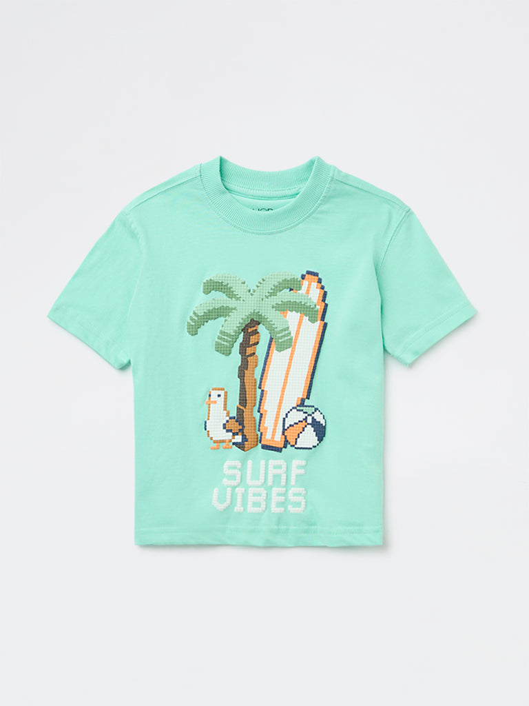 HOP Kids Boys Sea Green Printed Cotton T-Shirt