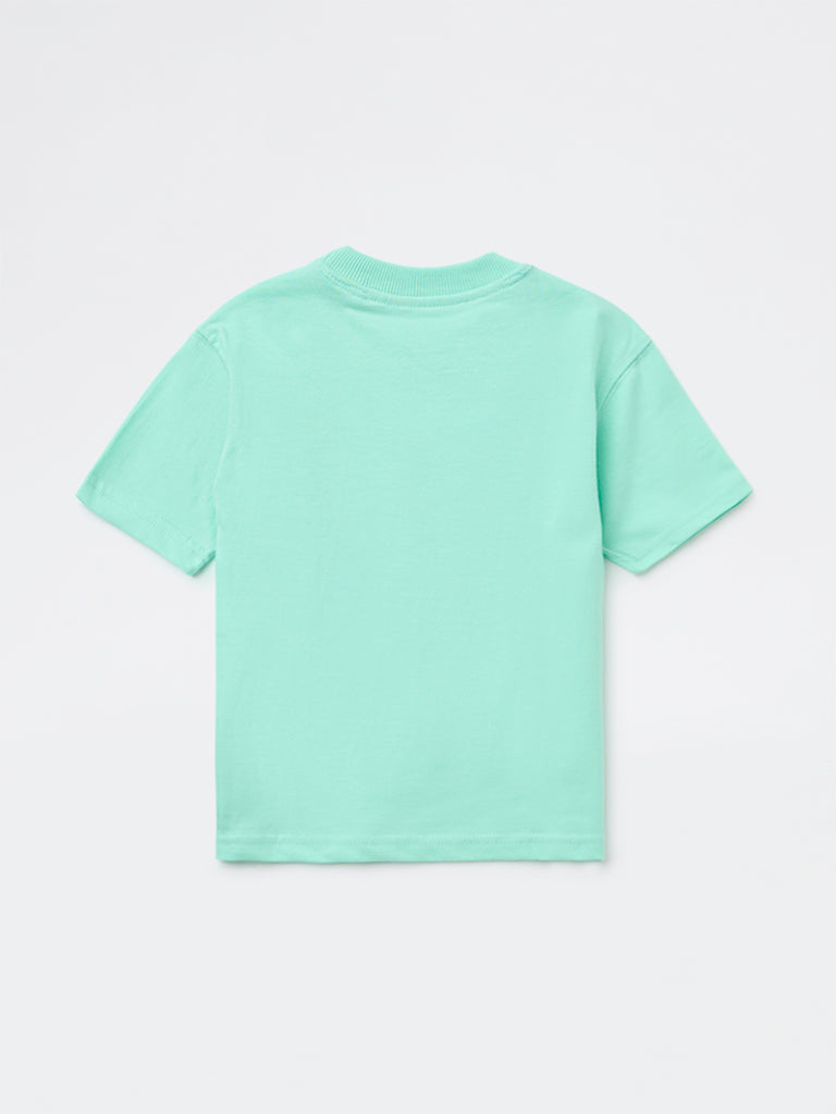 HOP Kids Boys Sea Green Printed Cotton T-Shirt