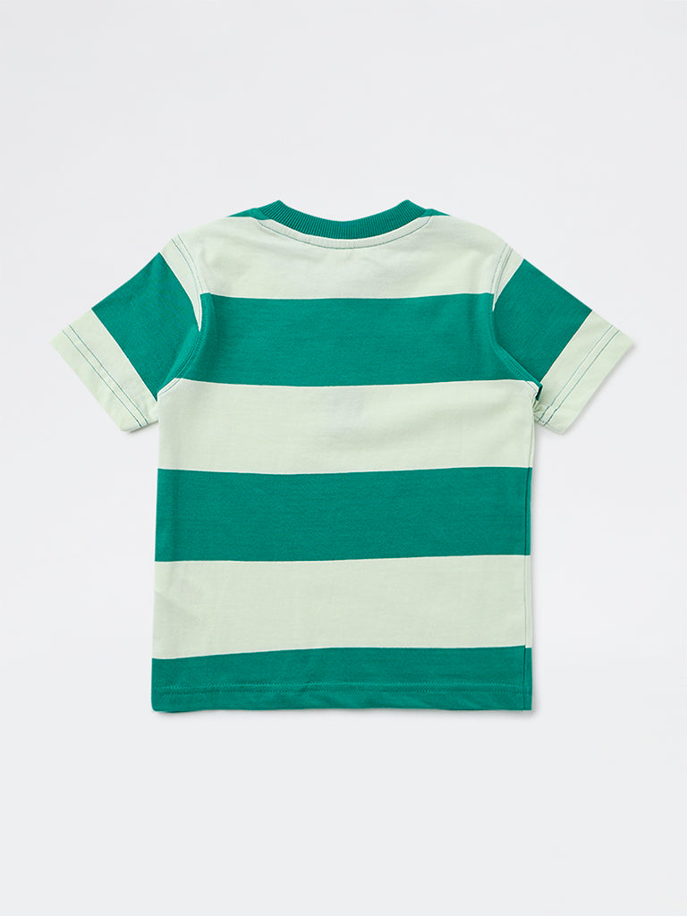 HOP Kids Boys Green Colour Block Cotton T-Shirt