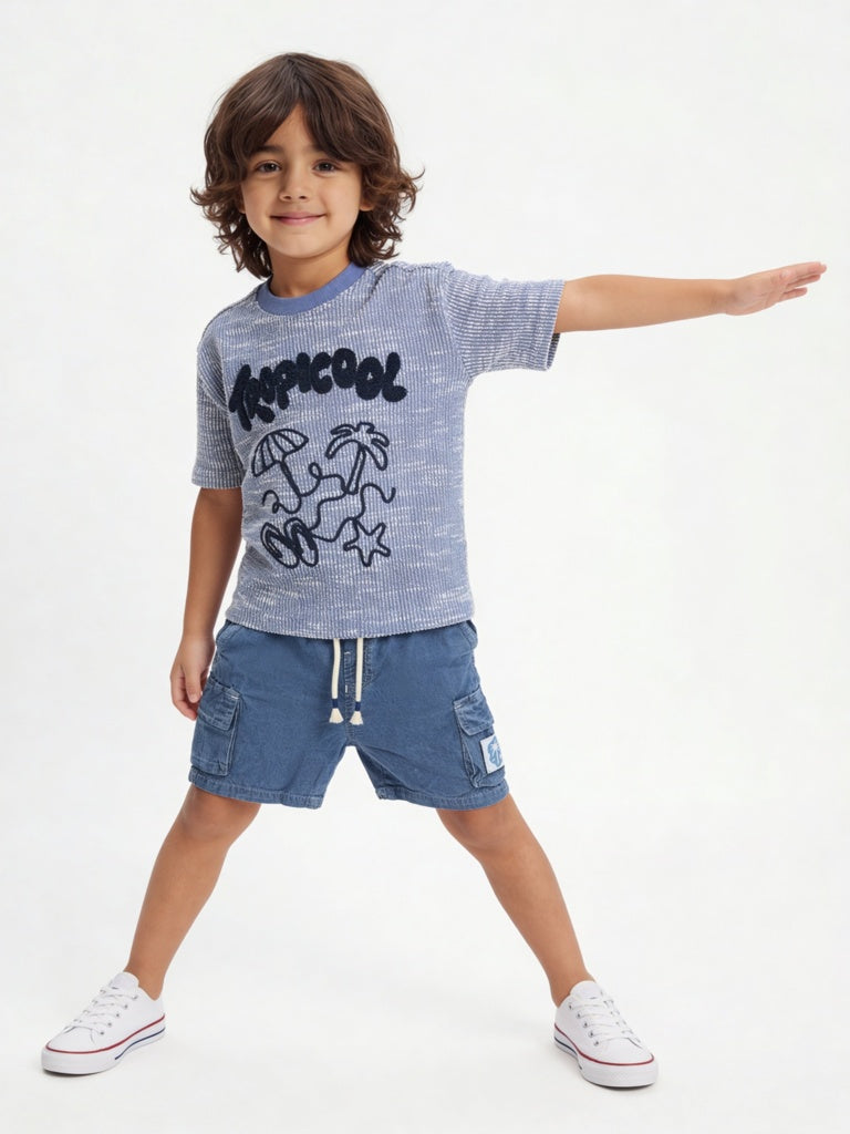 HOP Kids Boys Blue Embroidered Cotton T-Shirt