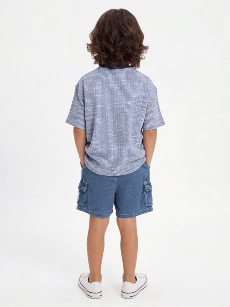 HOP Kids Boys Blue Embroidered Cotton T-Shirt