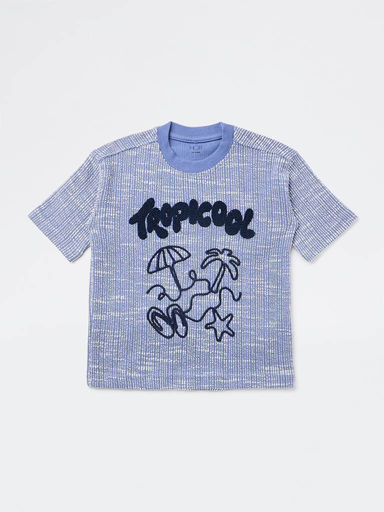 HOP Kids Boys Blue Embroidered Cotton T-Shirt