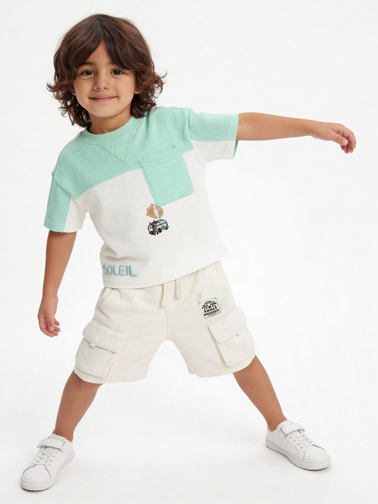 HOP Kids Boys Sea Green Printed Cotton T-Shirt