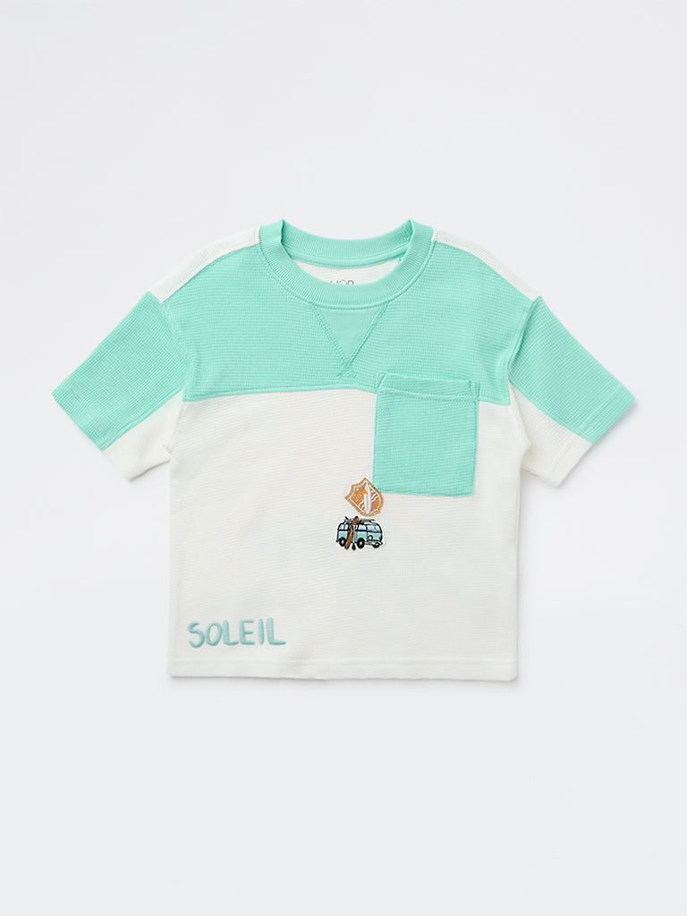 HOP Kids Boys Sea Green Printed Cotton T-Shirt