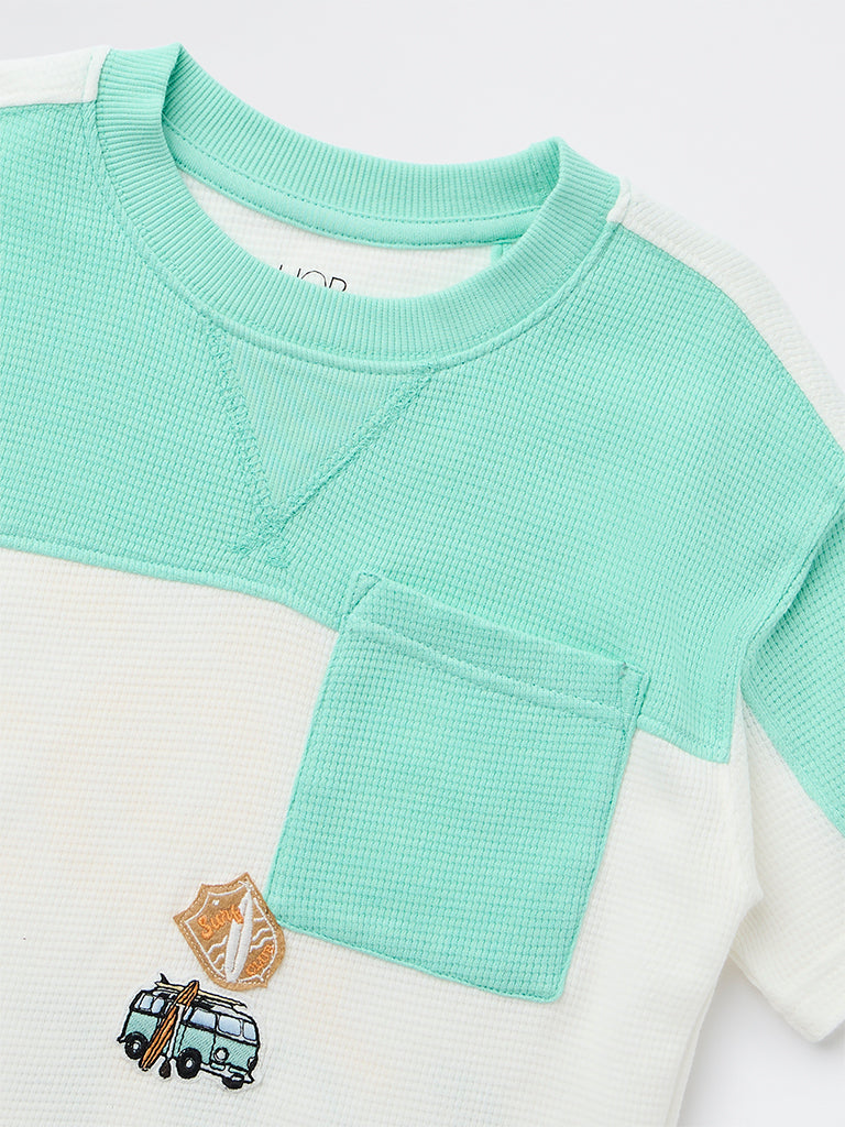 HOP Kids Boys Sea Green Printed Cotton T-Shirt