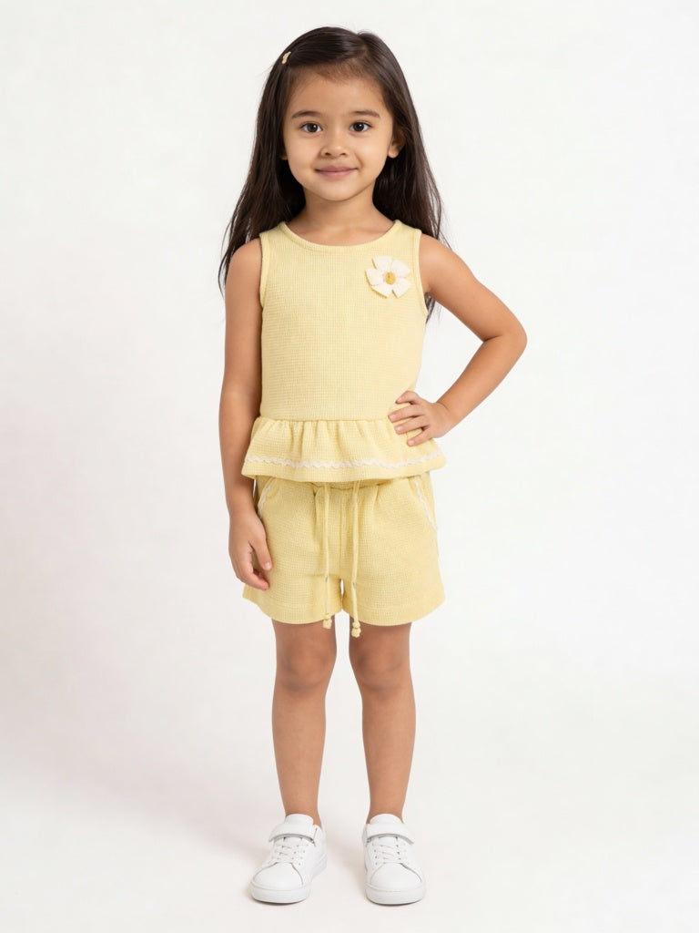 HOP Kids Girls Light Yellow Textured Top and Shorts Set