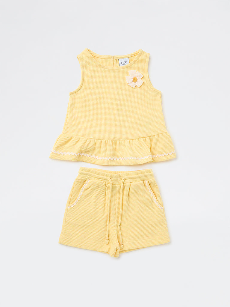 HOP Kids Girls Light Yellow Textured Top and Shorts Set