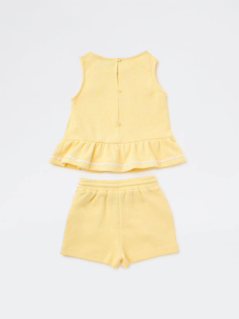 HOP Kids Girls Light Yellow Textured Top and Shorts Set