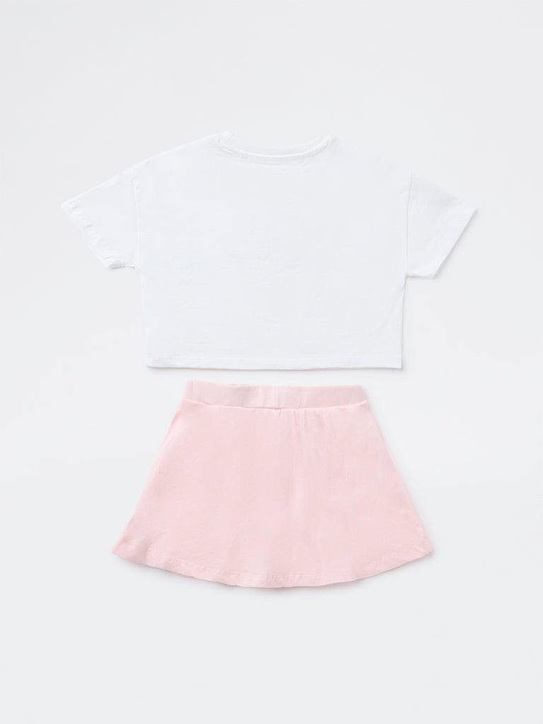 HOP Kids Girls White Embroidered Cotton T-Shirt and Skirt Set