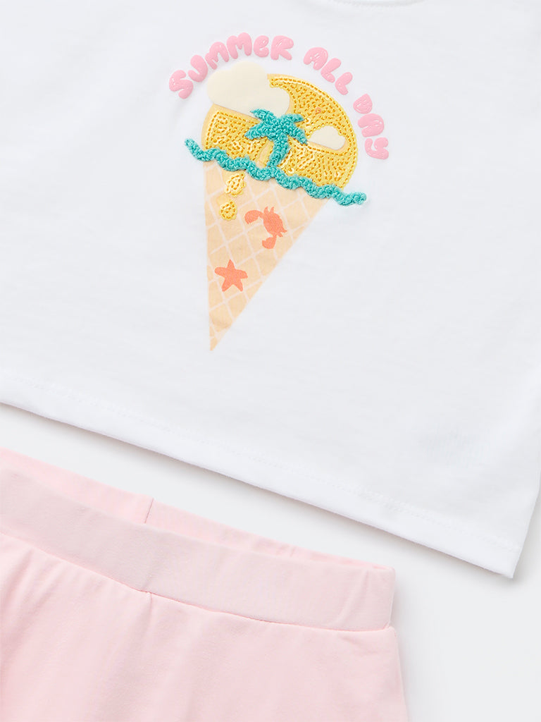 HOP Kids Girls White Embroidered Cotton T-Shirt and Skirt Set