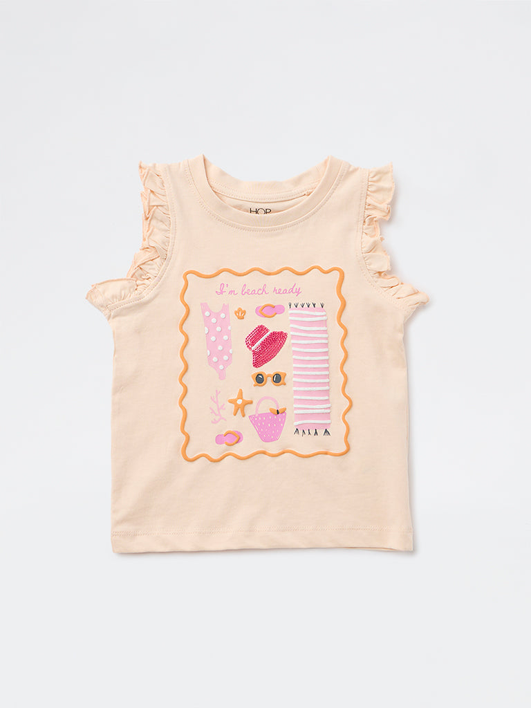HOP Kids Girls Light Peach Printed Cotton Top