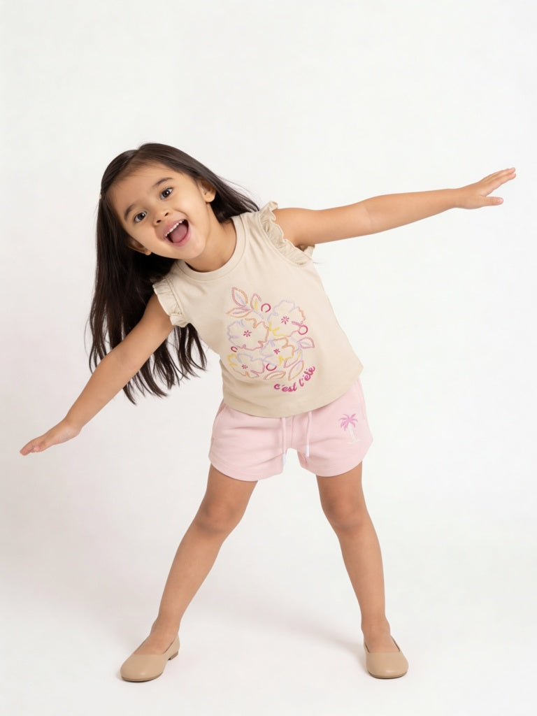 HOP Kids Girls Beige Floral Embroidered Cotton Top